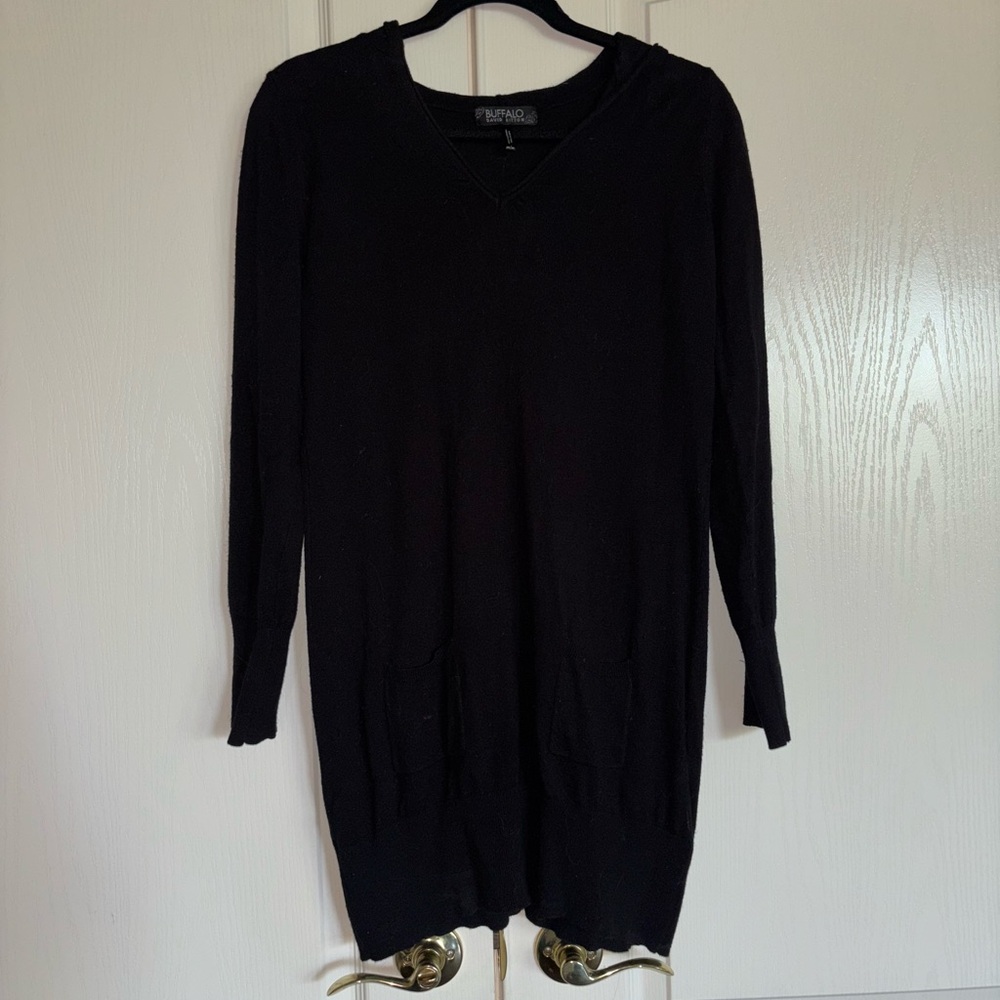 Buffalo David Bitton black rayon cotton angora long hooded sweater size Medium